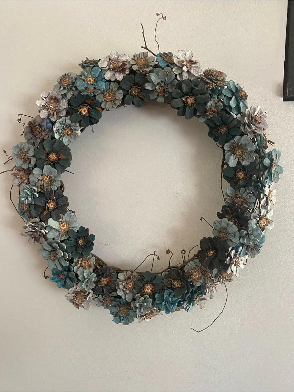 Decorative Teal and White Flower Pinecone Wreath 20”